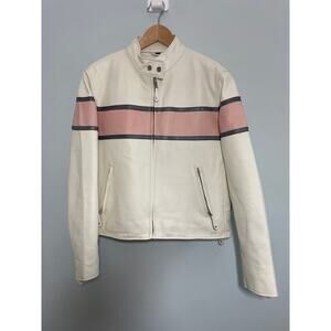 Hot Leathers Women’s Large white leather moto jacket pockets zippers pink strip
